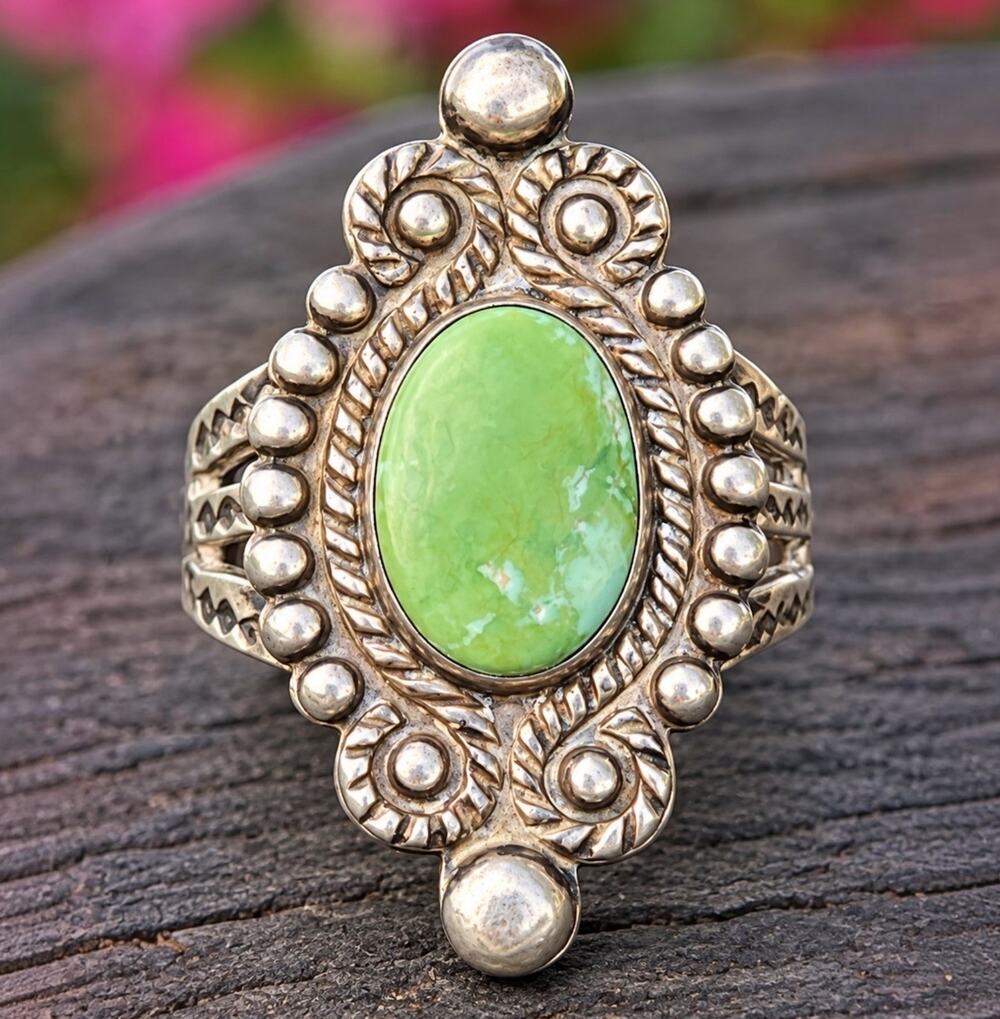 Vintage Navajo Old Pawn Fred Harvey Era Sterling Silver Turquoise Ring Size 6.5